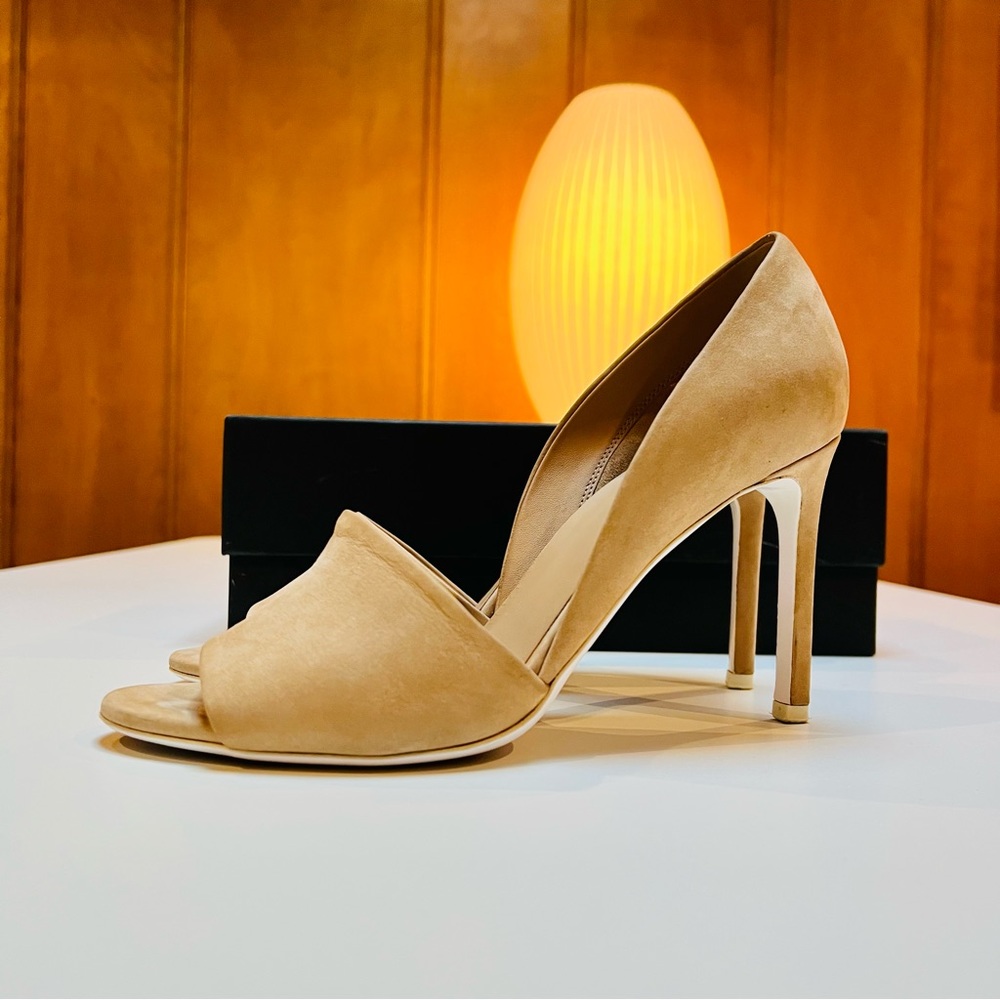 Vince (Saffron) nude suede peep-toe heels.